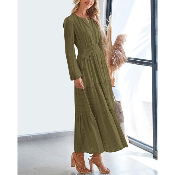 Women Army Green Long Sleeve V Neck Elastic Waist Lightweight Maxi Dress Pockets - Picture 7 of 8